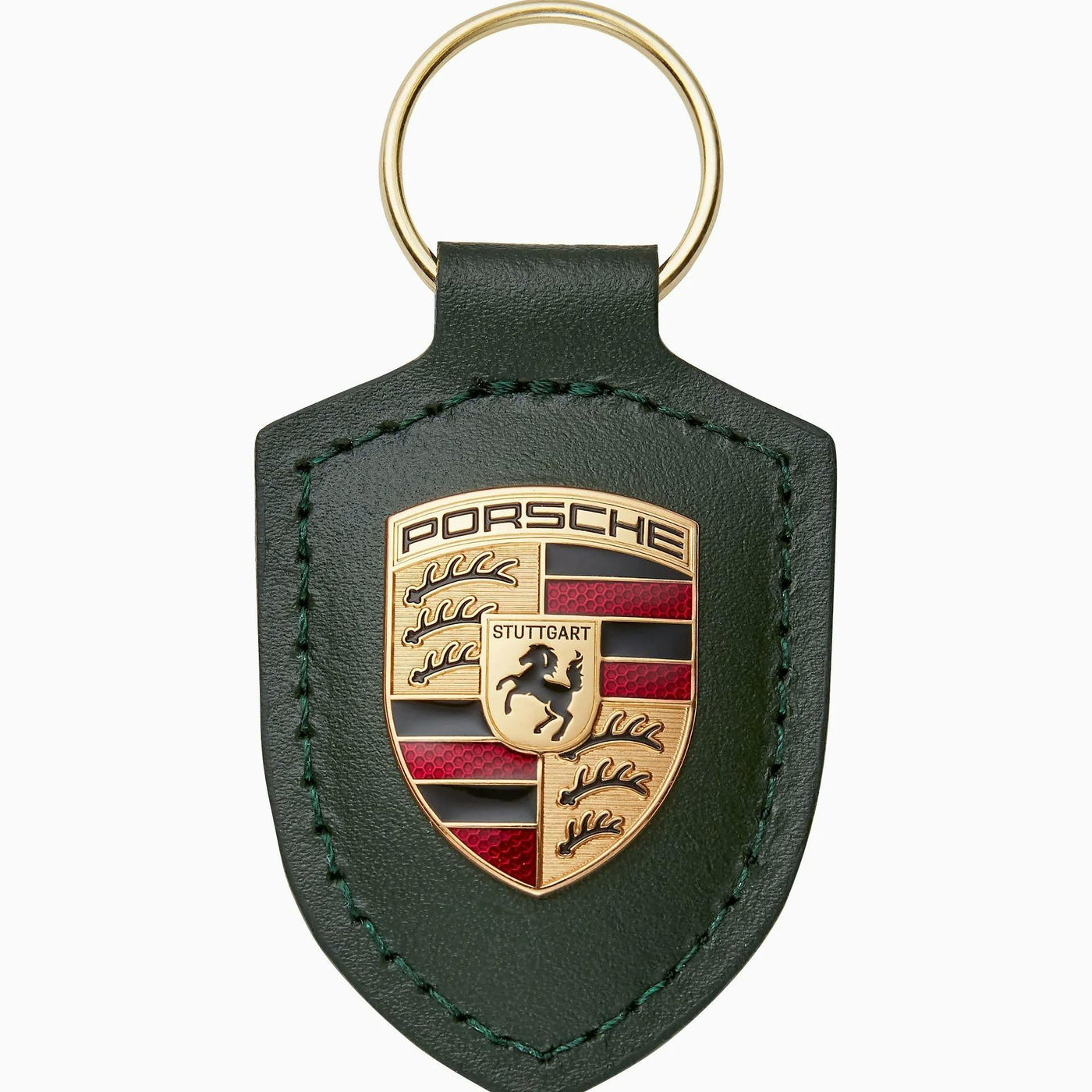 Porsche Crest Leather Keychain - Oak Green Metallic